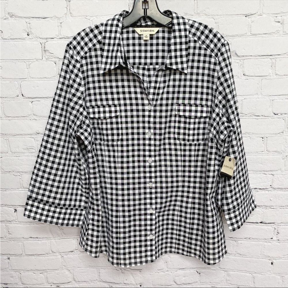 NWT St. John's Bay Gingham 3/4 Sleeve Button-Down Shirt XL Black White Cotton